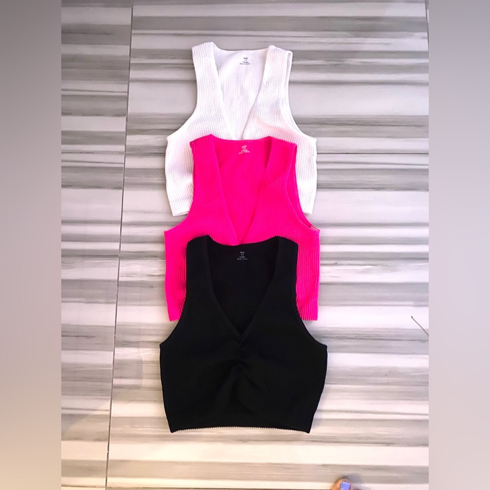 Hollister Ribbed V-Neck Crop Tank Top - White, Hot Pink, Black